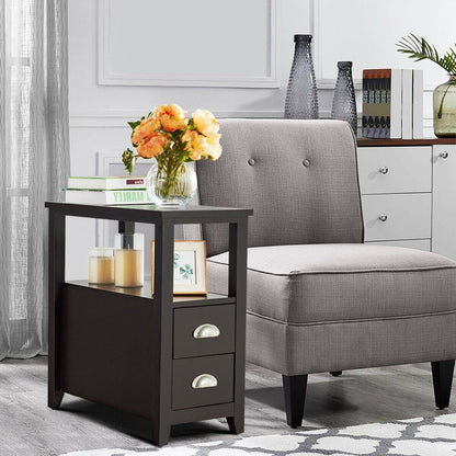 1 Piece End Table Wooden with 2 Drawers and Shelf Bedside Table-Brown
