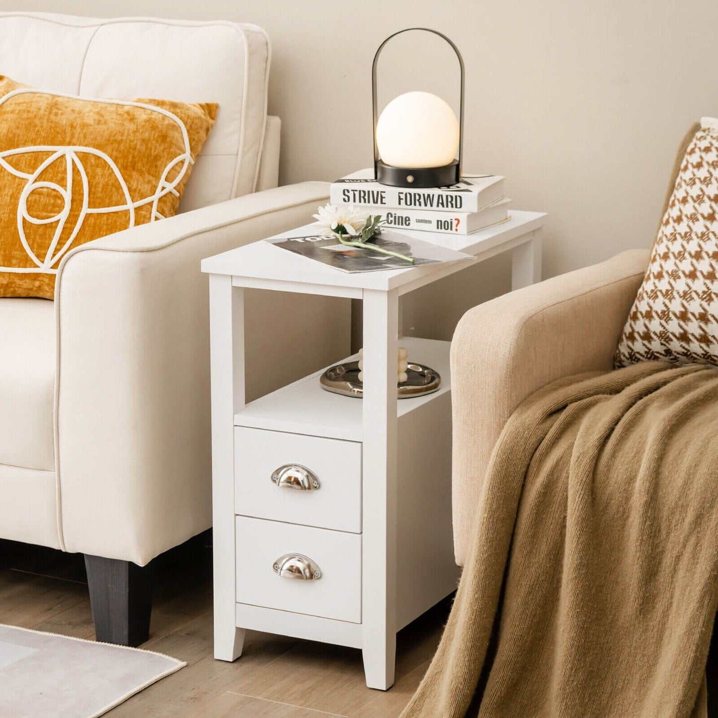 1 Piece End Table Wooden with 2 Drawers and Shelf Bedside Table-Brown