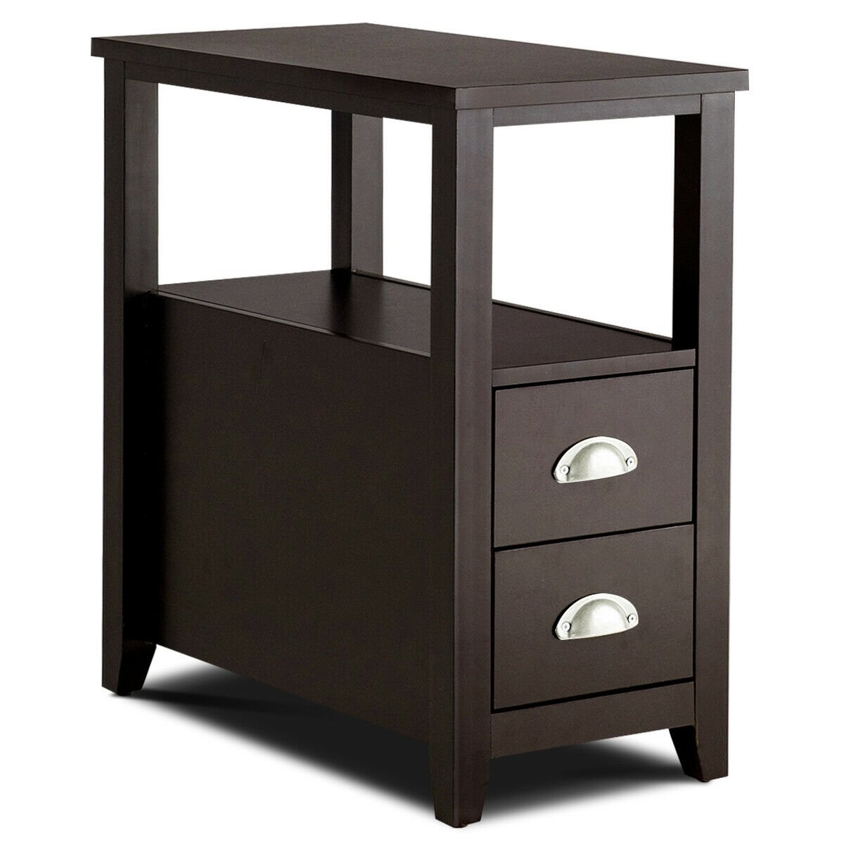 1 Piece End Table Wooden with 2 Drawers and Shelf Bedside Table-Brown