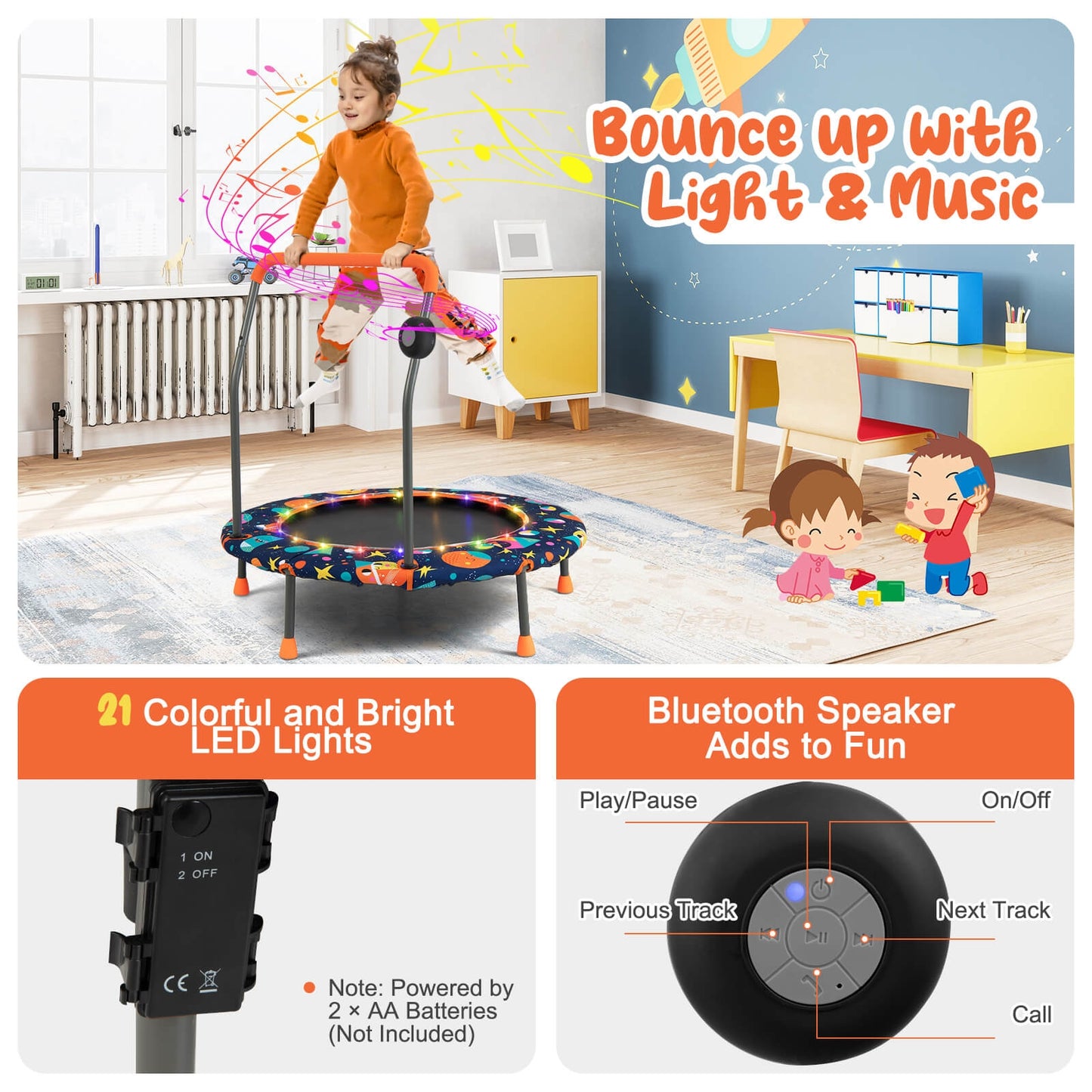 36 Inch Mini Trampoline with Colorful LED Lights and Bluetooth Speaker-Multicolor
