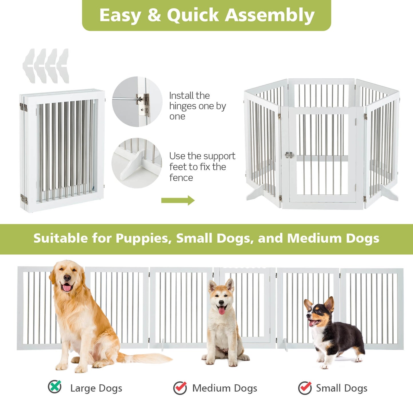 Freestanding 6-Panel Dog Gate with 4 Support Feet for Stairs-White