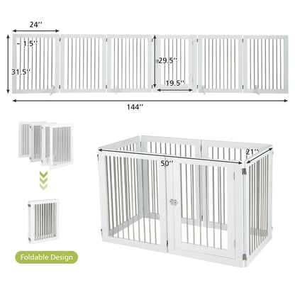 Freestanding 6-Panel Dog Gate with 4 Support Feet for Stairs-White