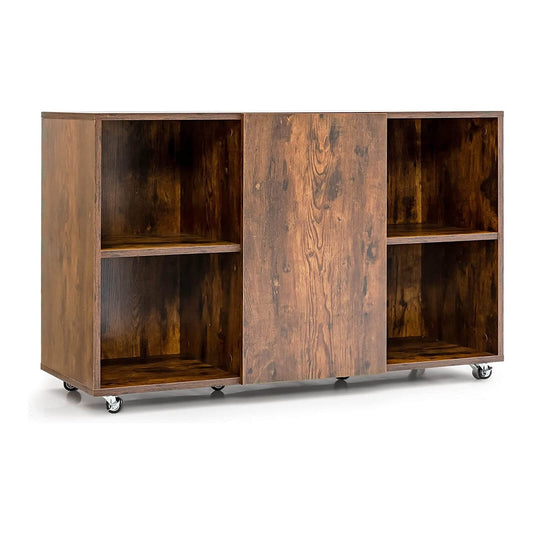 Wood Storage Cabinet with Wheels and 6 Compartments-Rustic brown