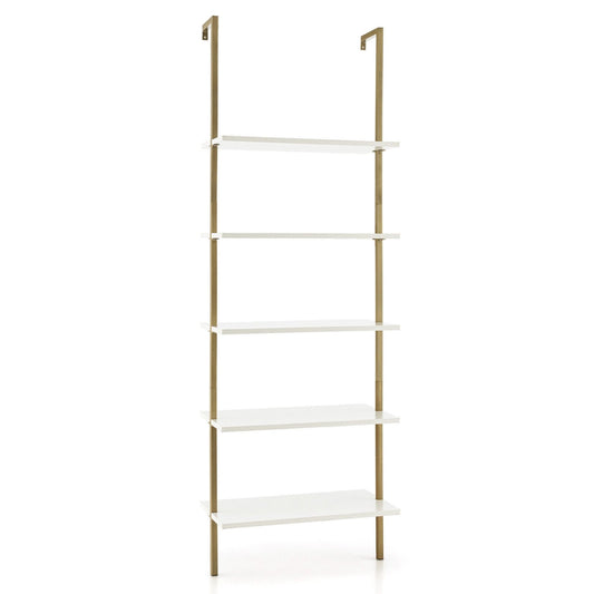 5 Tier Ladder Shelf Wall-Mounted Bookcase with Steel Frame-Golden