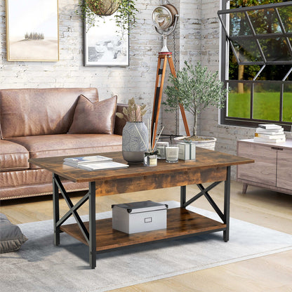 2-Tier Industrial Rectangular Coffee Table with Storage Shelf-Black