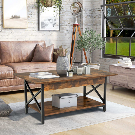 2-Tier Industrial Rectangular Coffee Table with Storage Shelf-Rustic Brown