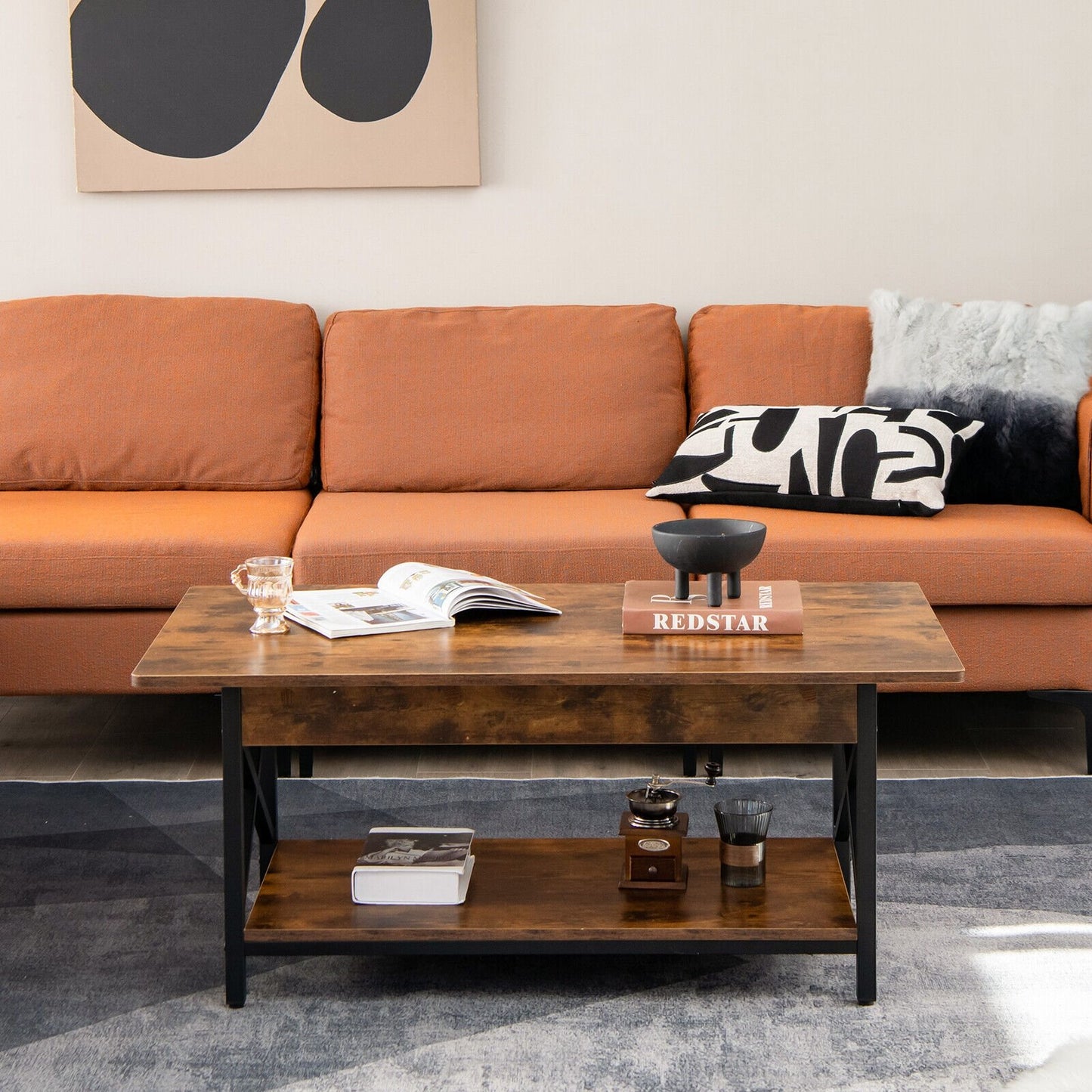 2-Tier Industrial Rectangular Coffee Table with Storage Shelf-Black