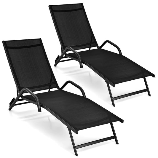 2 Pieces Outdoor Chaise Lounge with 5-Position Adjustable Backrest-Black