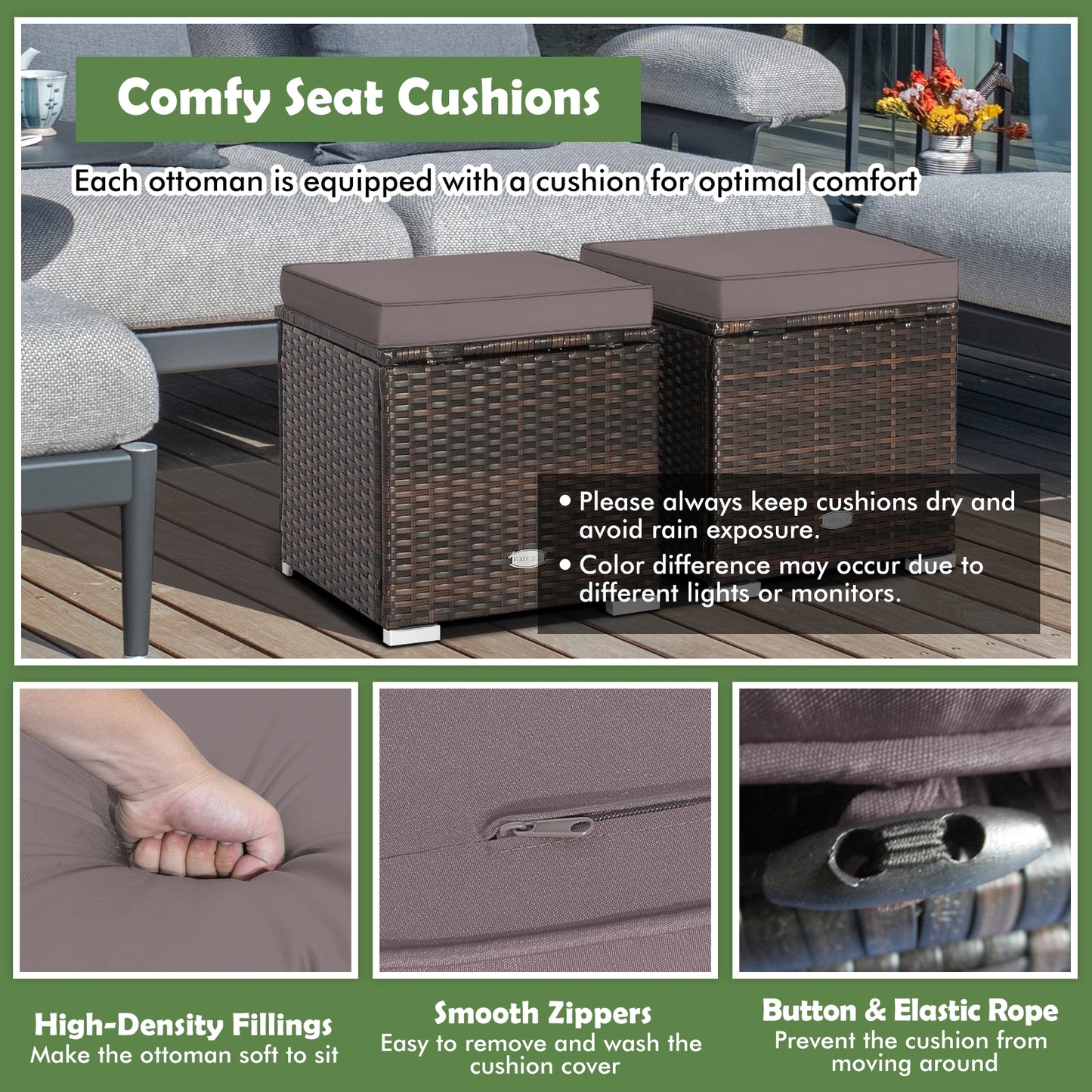 2 Pieces Patio Ottoman with Removable Cushions-Gray