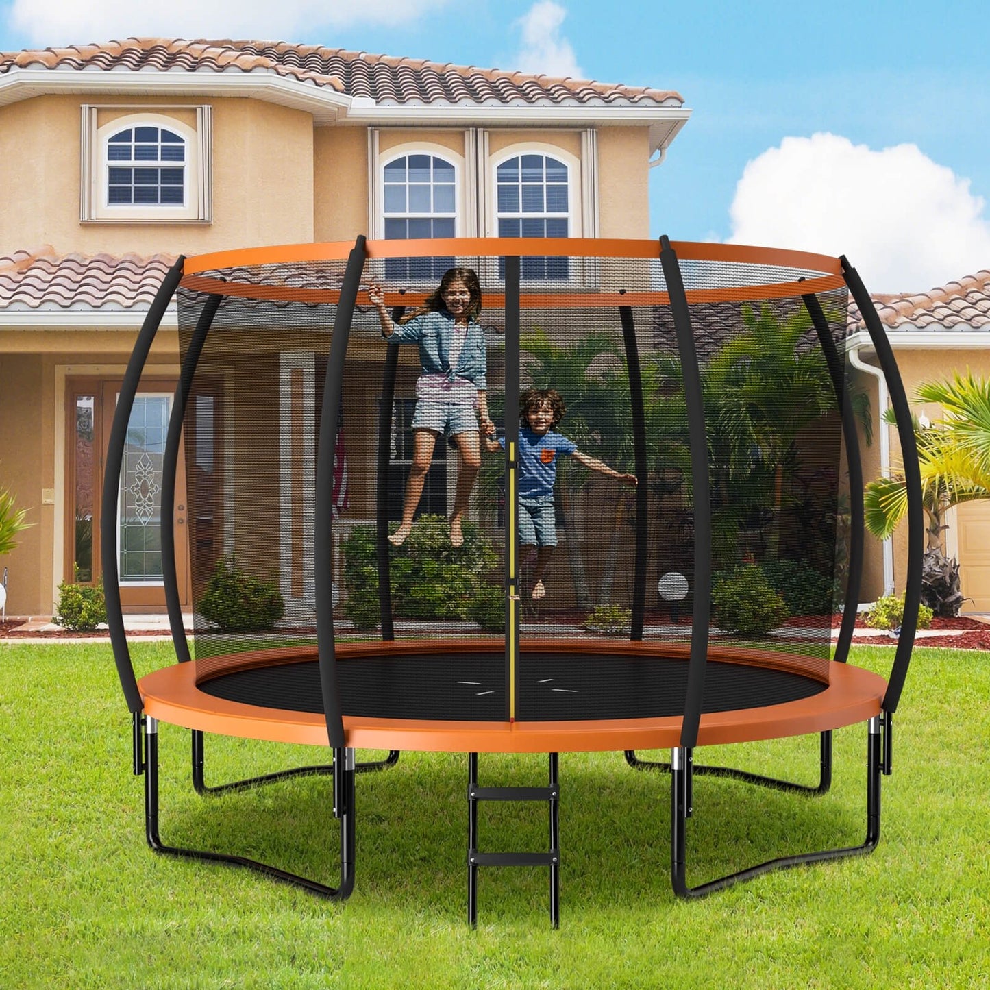 12FT ASTM Approved Recreational Trampoline with Ladder-Black