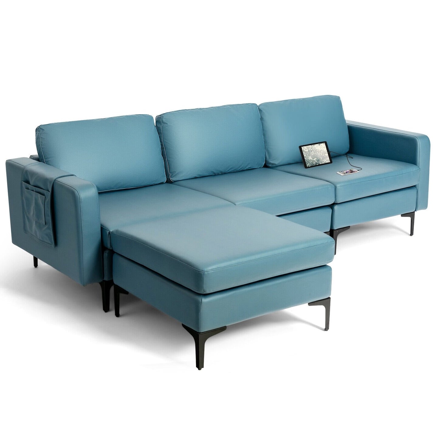 Modular L-shaped Sectional Sofa with Reversible Chaise and 2 USB Ports-Blue