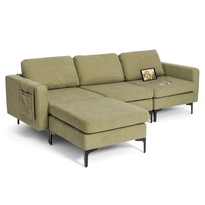 Modular L-shaped Sectional Sofa with Reversible Chaise and 2 USB Ports-Blue
