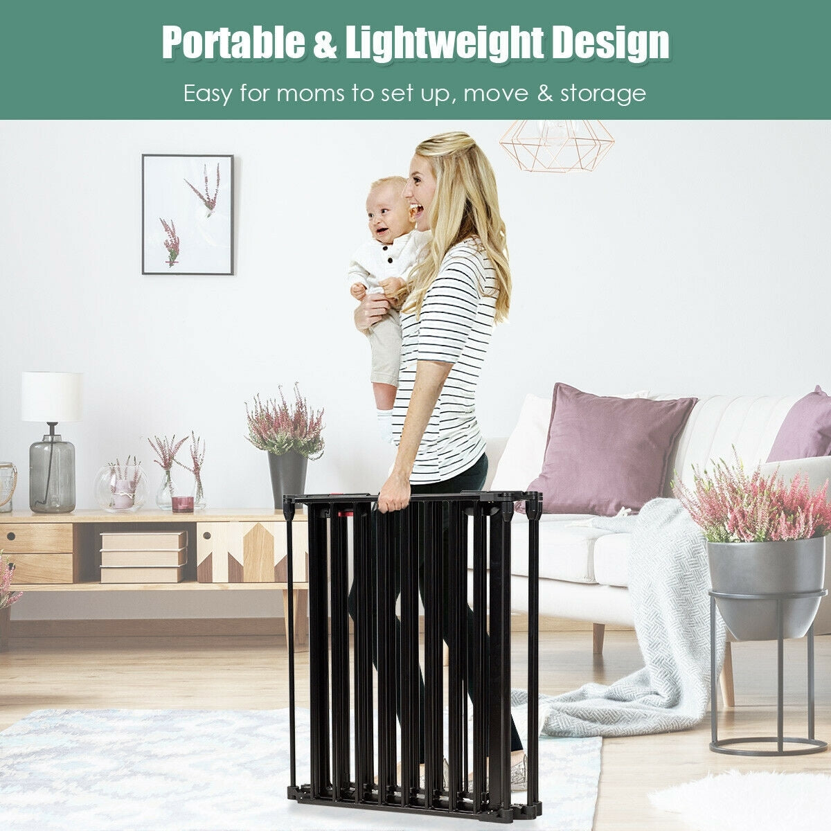 6 Panel Wall-mount Adjustable Baby Safe Metal  Fence Barrier-Black