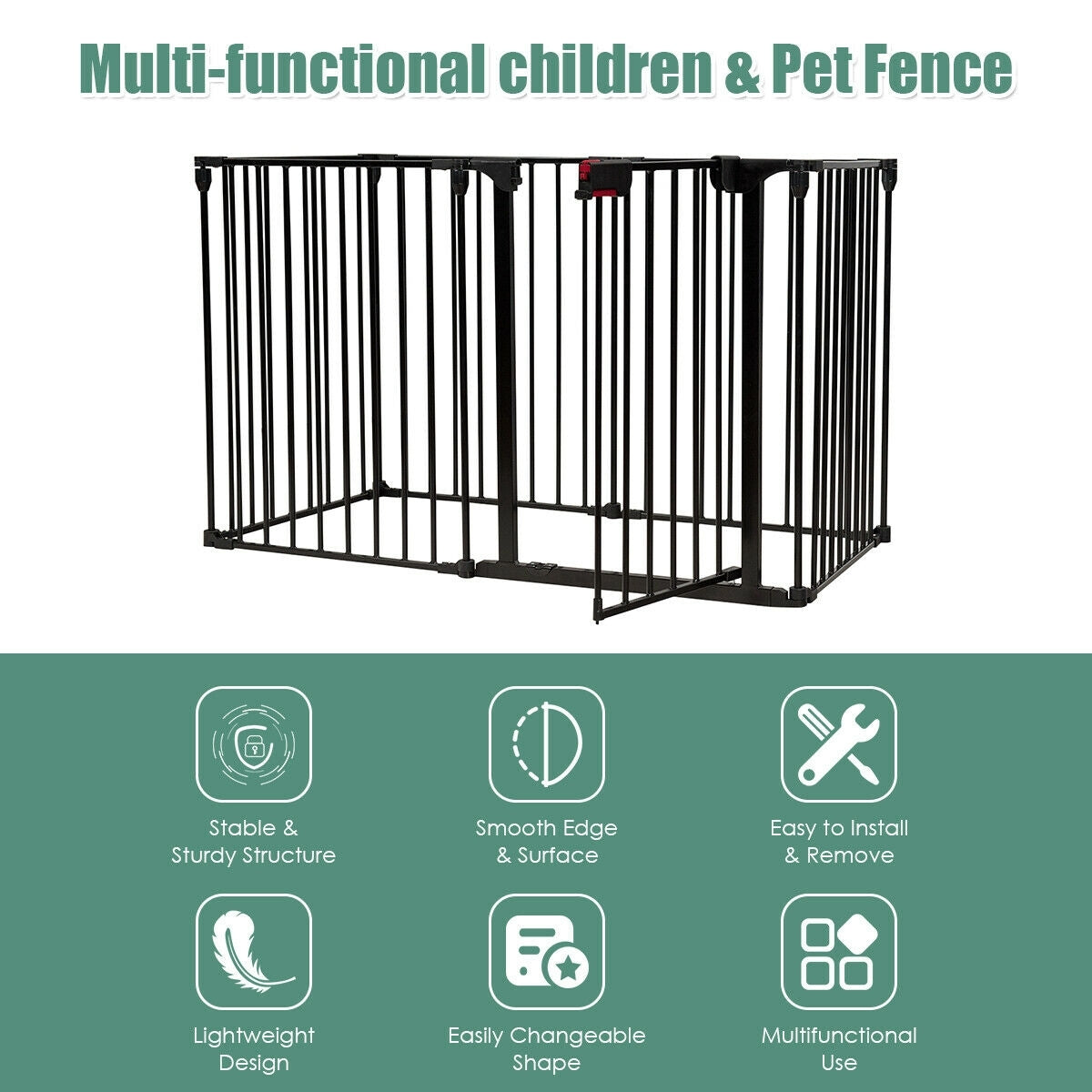 6 Panel Wall-mount Adjustable Baby Safe Metal  Fence Barrier-Black