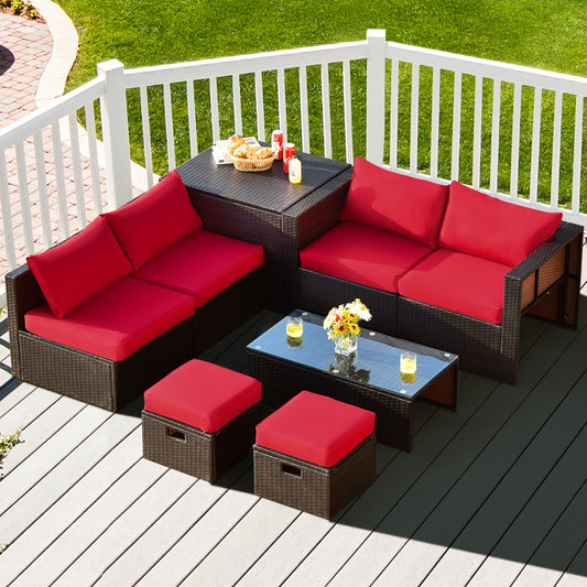 8 Pieces Patio Space-Saving Rattan Furniture Set with Storage Box and Waterproof Cover-Red