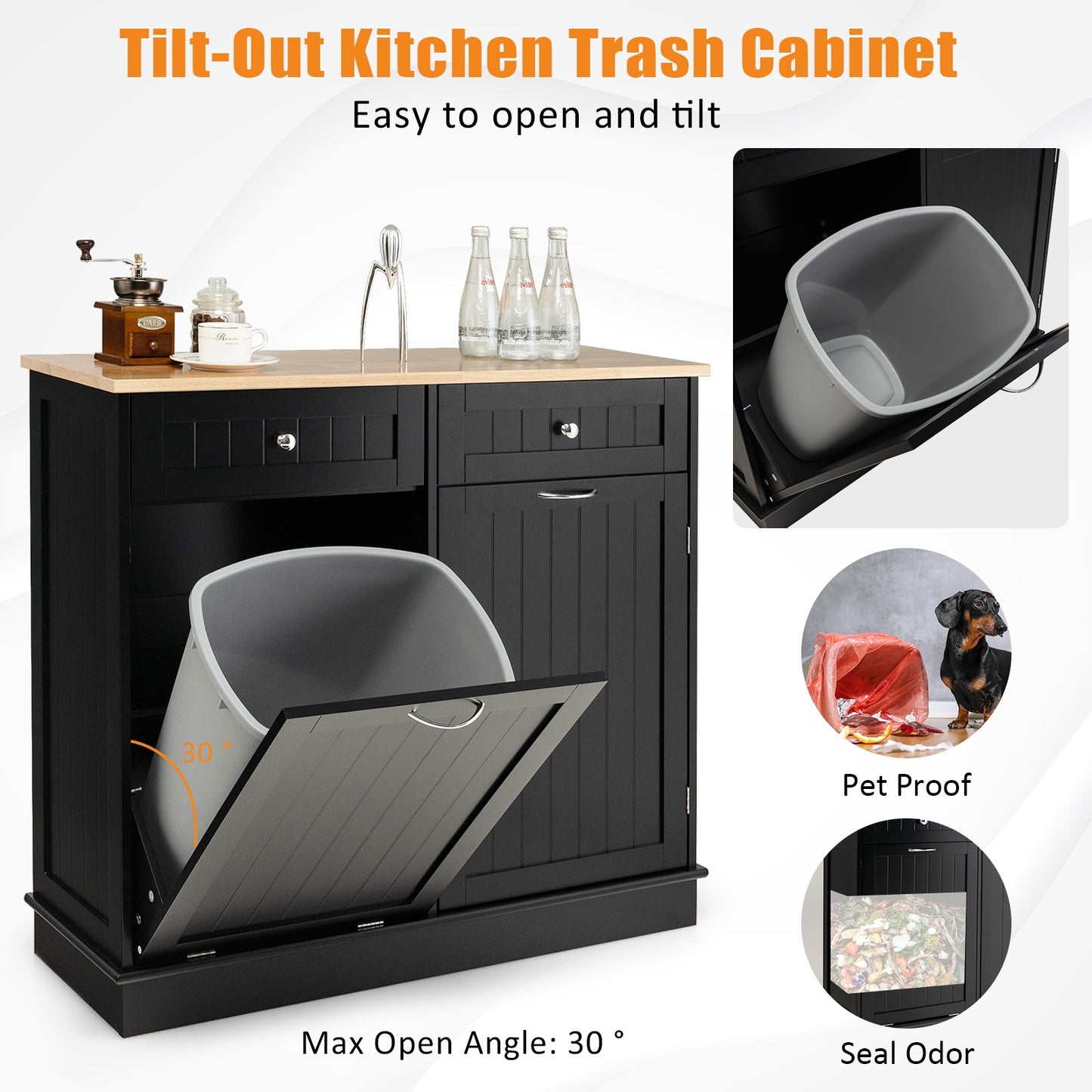 Rubber Wood Kitchen Trash Cabinet with Single Trash Can Holder and Adjustable Shelf-Black