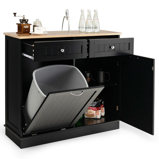 Rubber Wood Kitchen Trash Cabinet with Single Trash Can Holder and Adjustable Shelf-Black