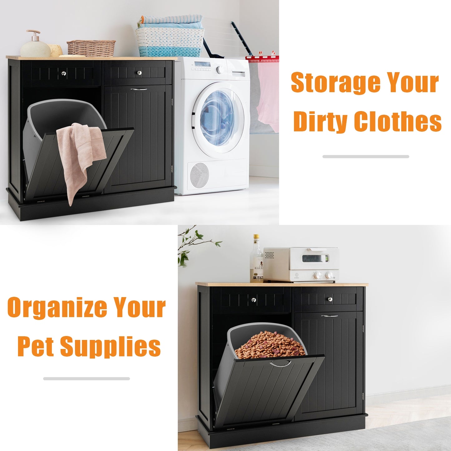 Rubber Wood Kitchen Trash Cabinet with Single Trash Can Holder and Adjustable Shelf-Black