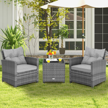 3 Pieces Outdoor Wicker Conversation Set with Tempered Glass Tabletop-Black