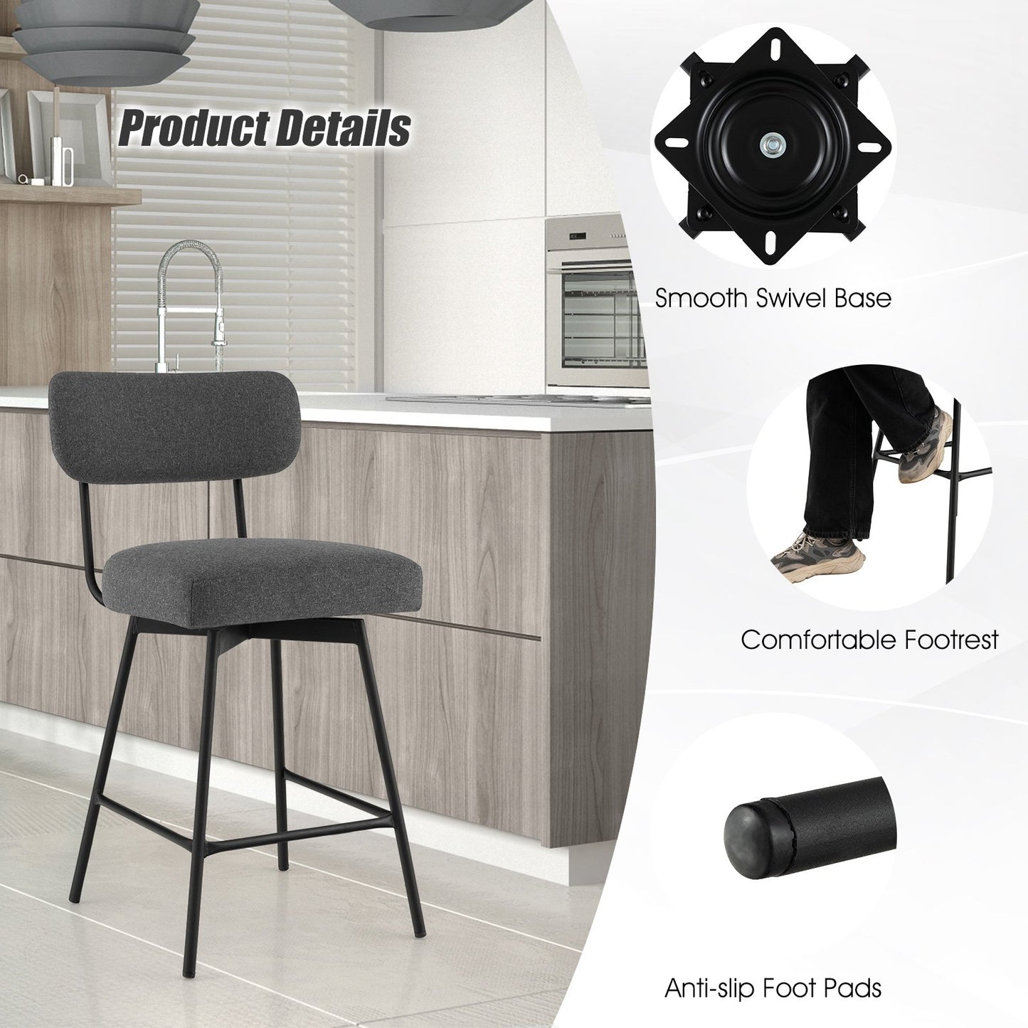 25 Inch 2-Piece Modern Upholstered Bar Stools with Back
