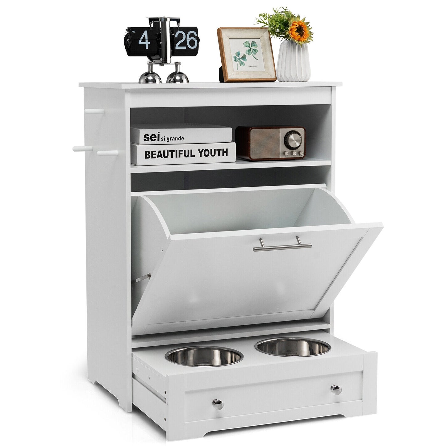 Pet Feeder Station with Stainless Steel Bowl-White