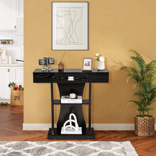 Console Table with Drawer and 2-Tier Shelves for Entryway Living Room-Black