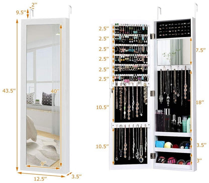 Full Length Mirror Jewelry Cabinet with Ring Slots and Necklace Hooks-White