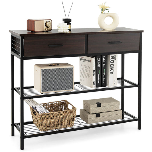 39.5 Inch Entryway Table with 2 Drawers and 2-Tier Shelves-Dark Brown