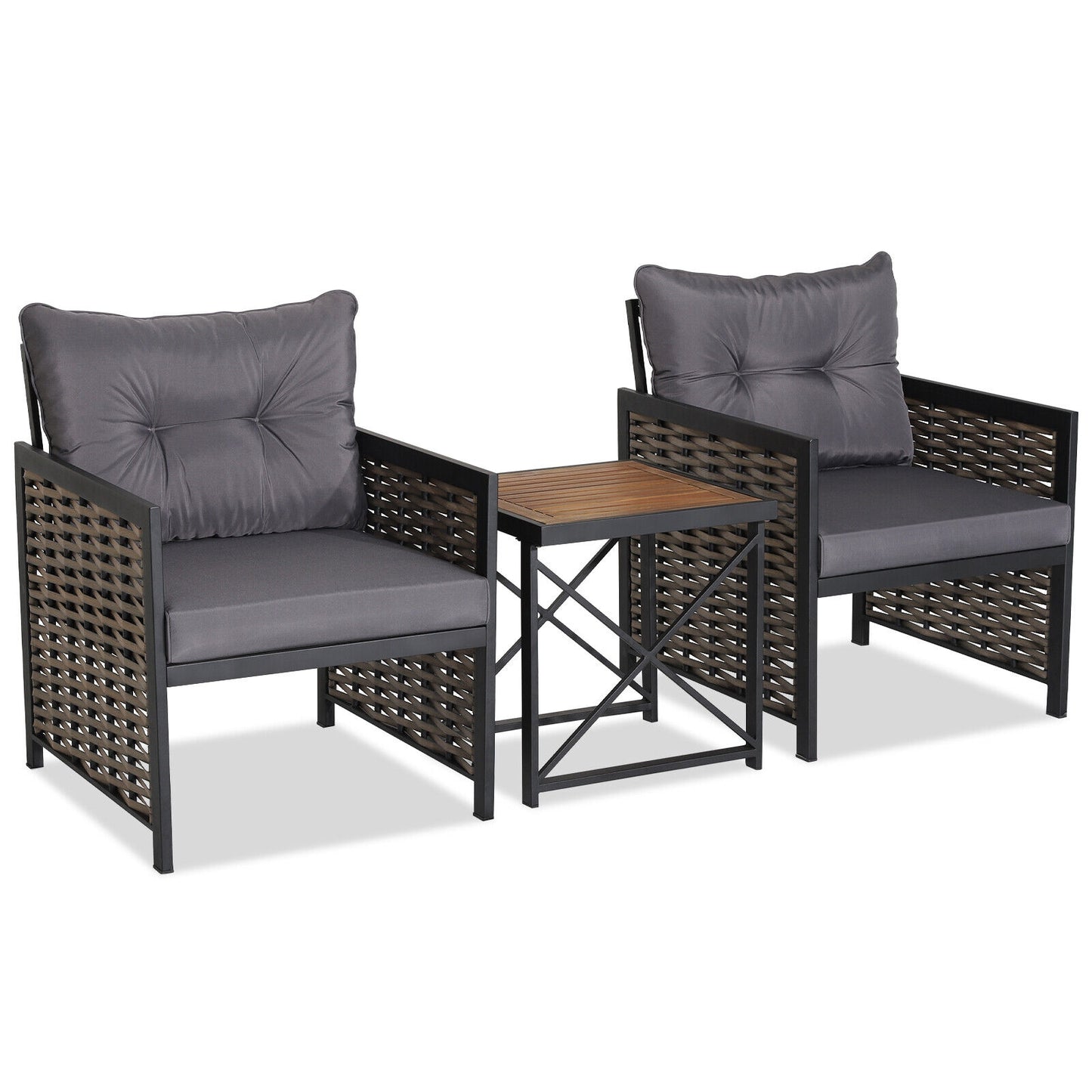3 Piece Patio Rattan Furniture Set with Acacia Wood Tabletop-Gray