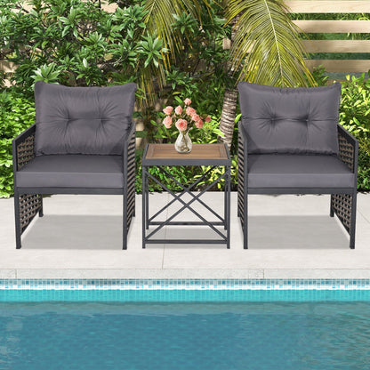 3 Piece Patio Rattan Furniture Set with Acacia Wood Tabletop-Gray