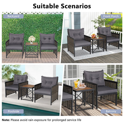 3 Piece Patio Rattan Furniture Set with Acacia Wood Tabletop-Gray
