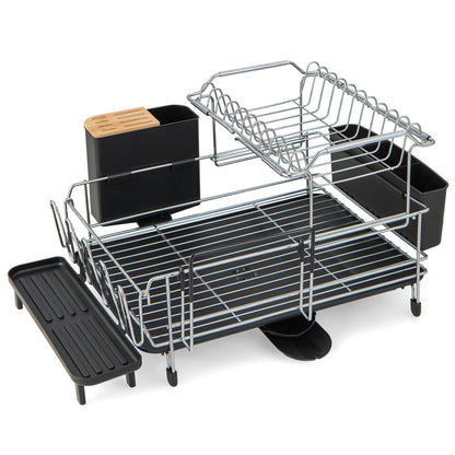 2-Tier Detachable Dish Rack with Drainboard and 360° Swivel Spout-Sliver