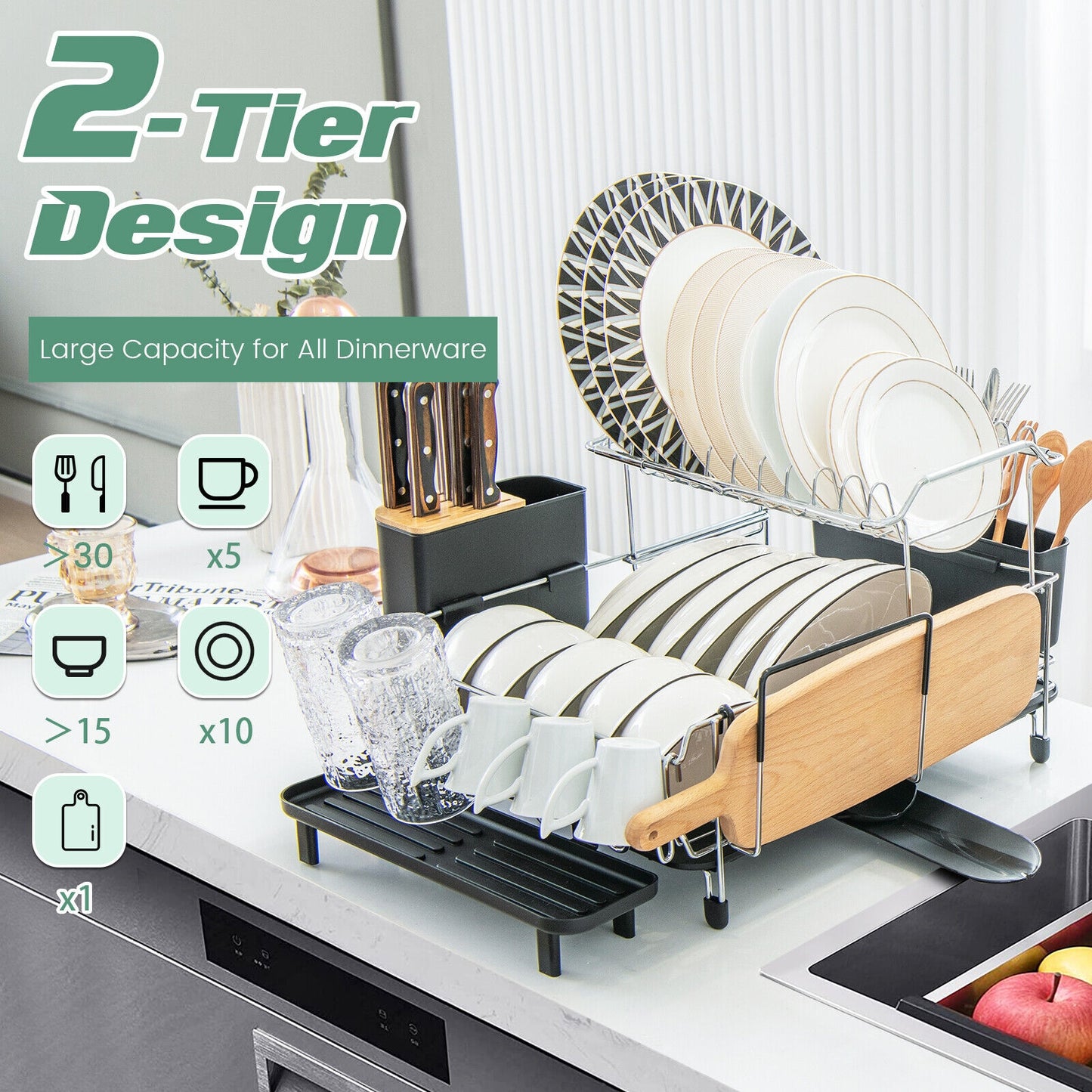 2-Tier Detachable Dish Rack with Drainboard and 360° Swivel Spout-Sliver