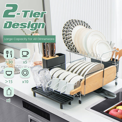 2-Tier Detachable Dish Rack with Drainboard and 360° Swivel Spout-Sliver