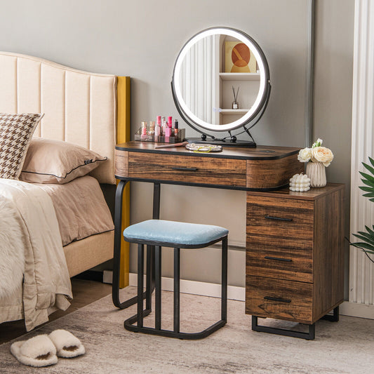 Vanity Table Set with 3-Color Lighted Mirror and Charging Station-Brown
