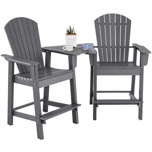 2 Pieces HDPE Tall Adirondack Chair with Middle Connecting Tray-Gray