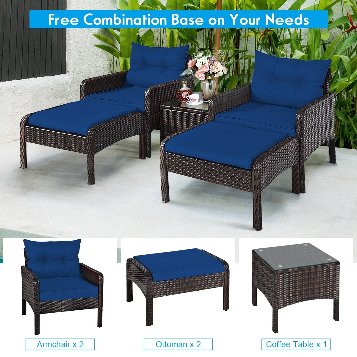 5 Pcs Patio Rattan Wicker Sofa Furniture Set
