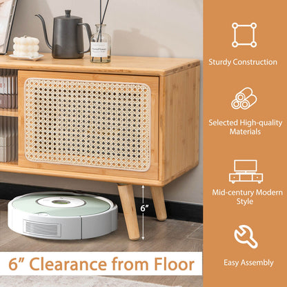 Modern TV Stand with Rattan Glass Sliding Doors-Natural