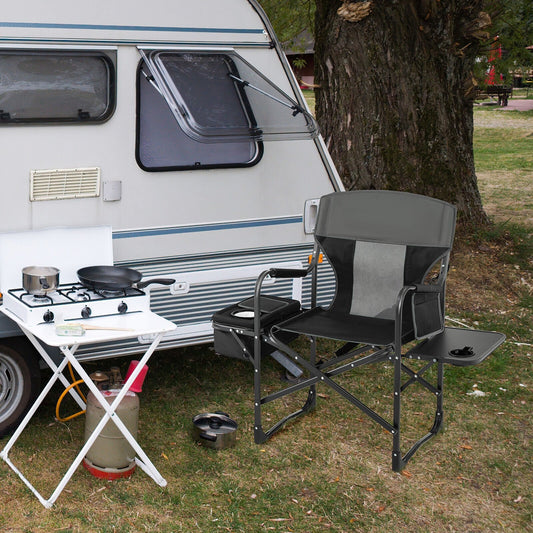 Folding Camping Directors Chair with Cooler Bag and Side Table-Black