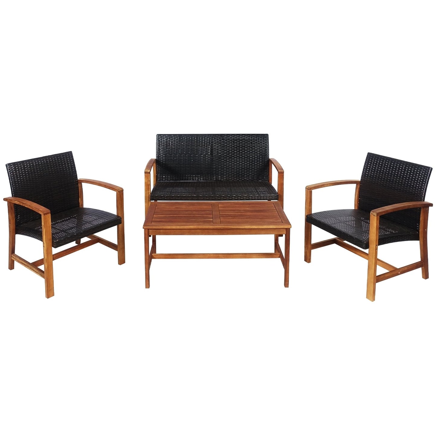 4 Pieces PE Rattan Patio Furniture Set with Acacia Wood