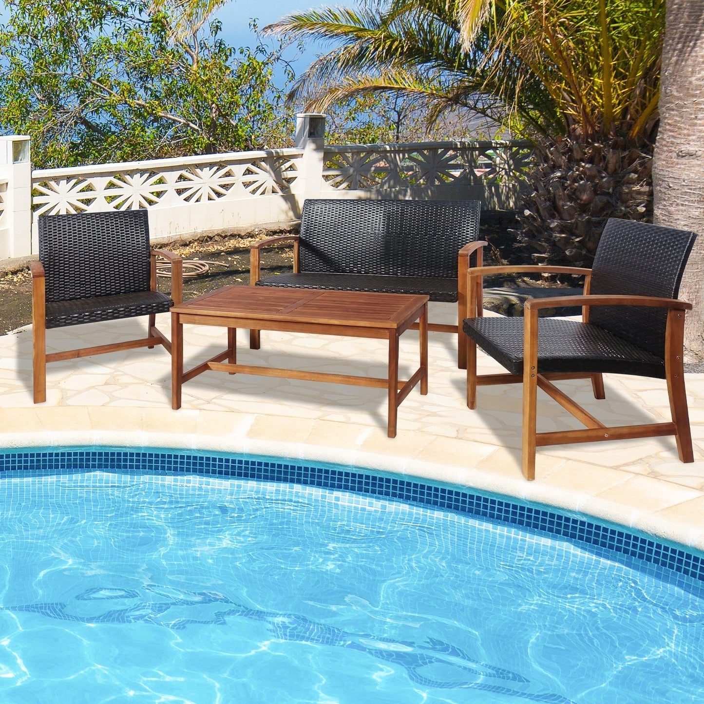 4 Pieces PE Rattan Patio Furniture Set with Acacia Wood