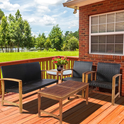 4 Pieces PE Rattan Patio Furniture Set with Acacia Wood