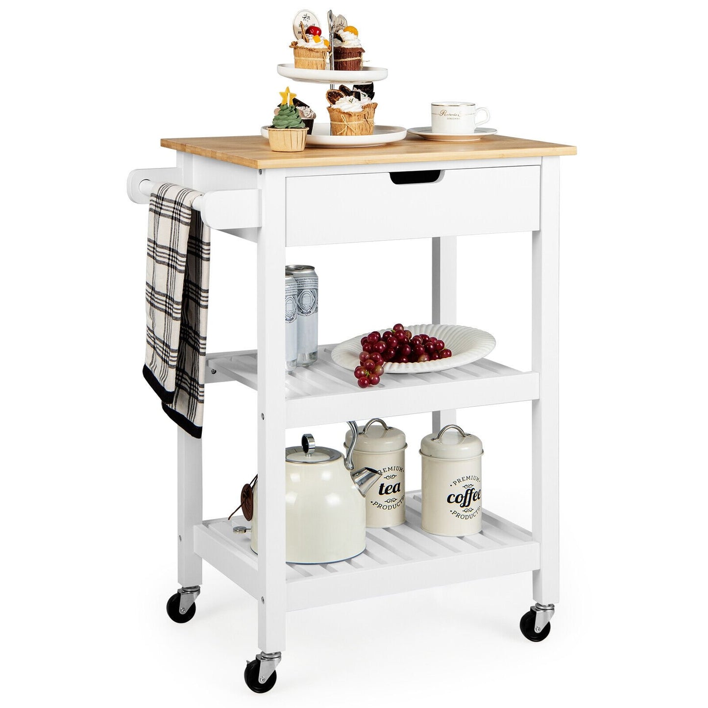 3-Tier Kitchen Island Cart Rolling Service Trolley with Bamboo Top-Natural