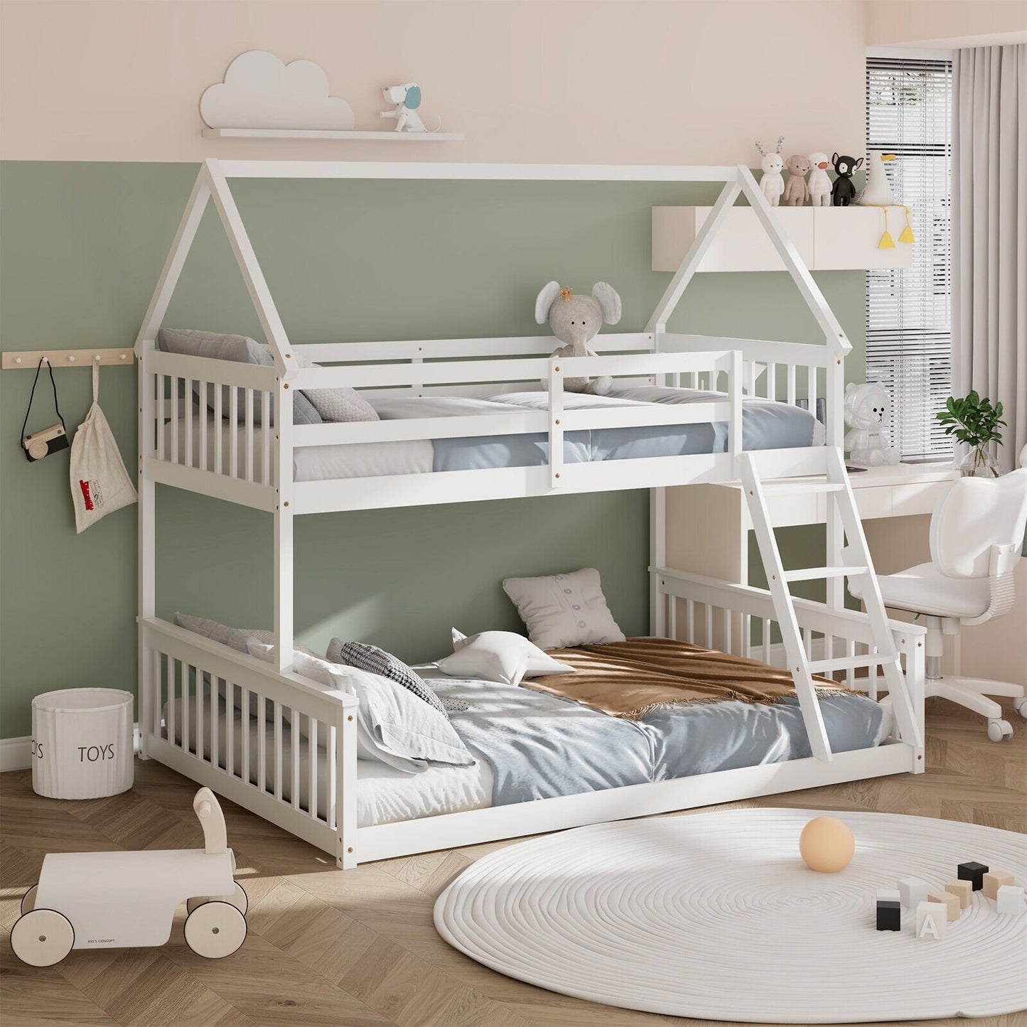 Twin Over Full House Bunk Bed with Ladder and Guardrails-Gray