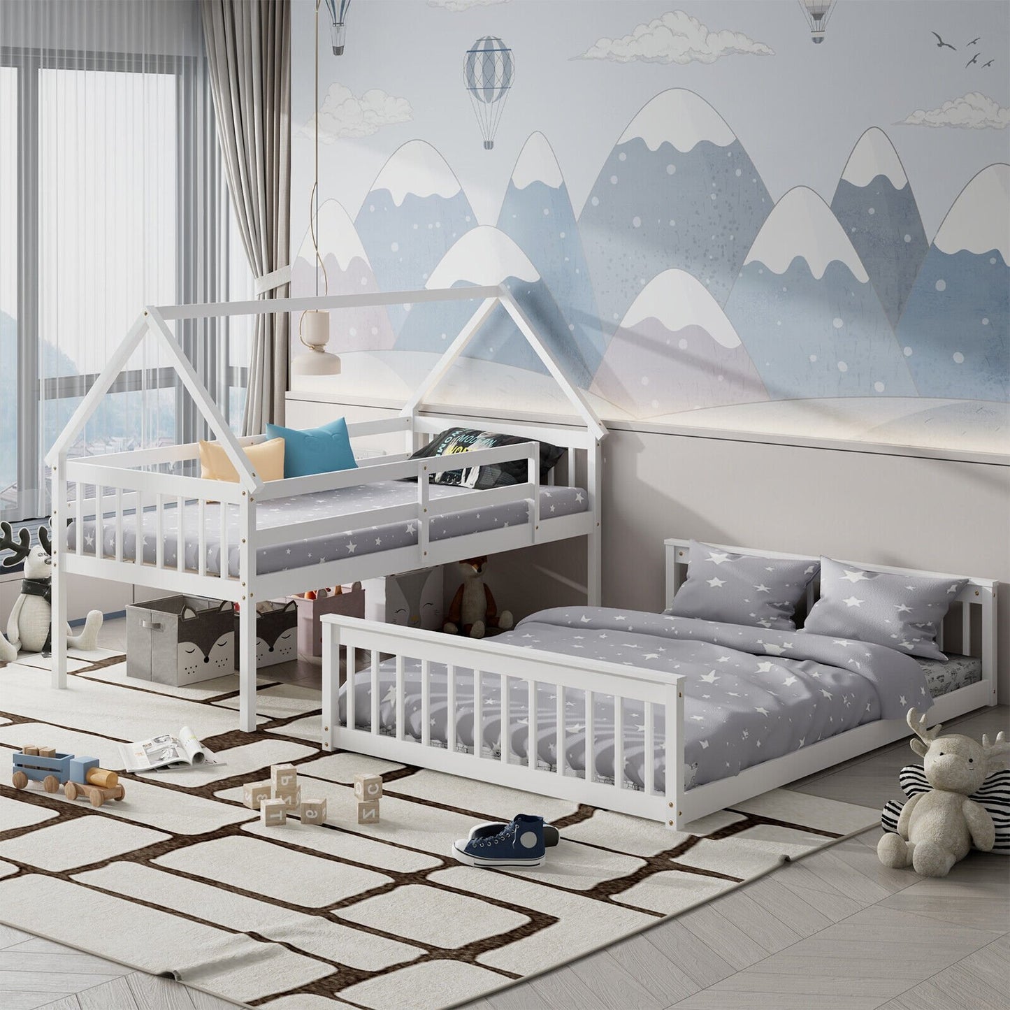 Twin Over Full House Bunk Bed with Ladder and Guardrails-Gray