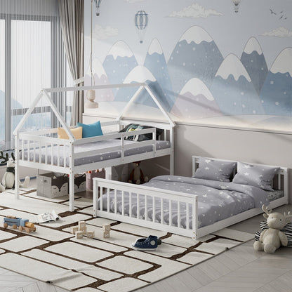 Twin Over Full House Bunk Bed with Ladder and Guardrails-Gray