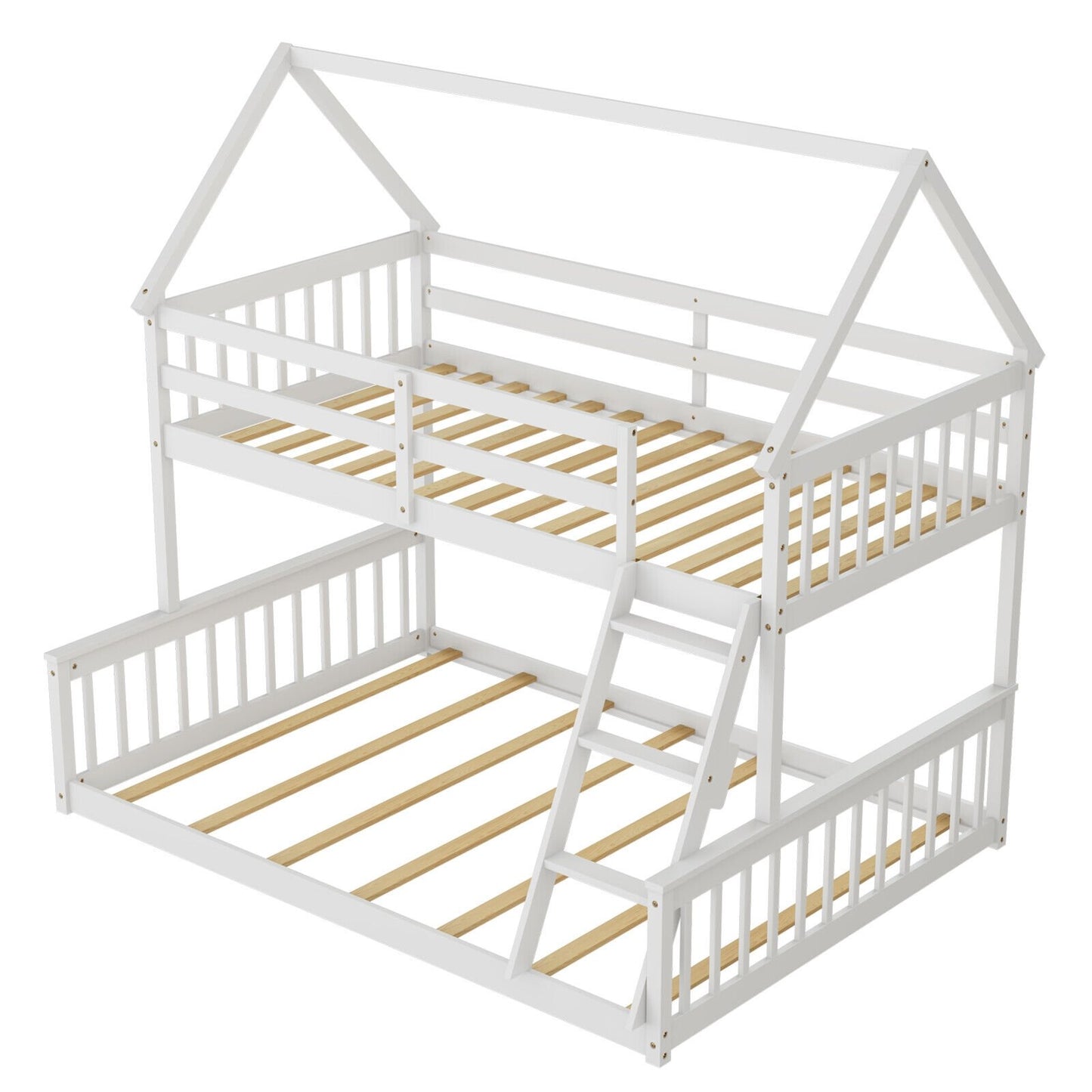 Twin Over Full House Bunk Bed with Ladder and Guardrails-Gray