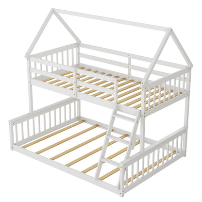 Twin Over Full House Bunk Bed with Ladder and Guardrails-Gray