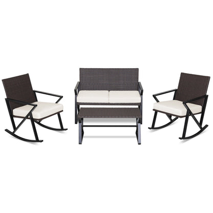 4 Pieces Rattan Patio Rocking Furniture Set with Loveseat and Coffee Table