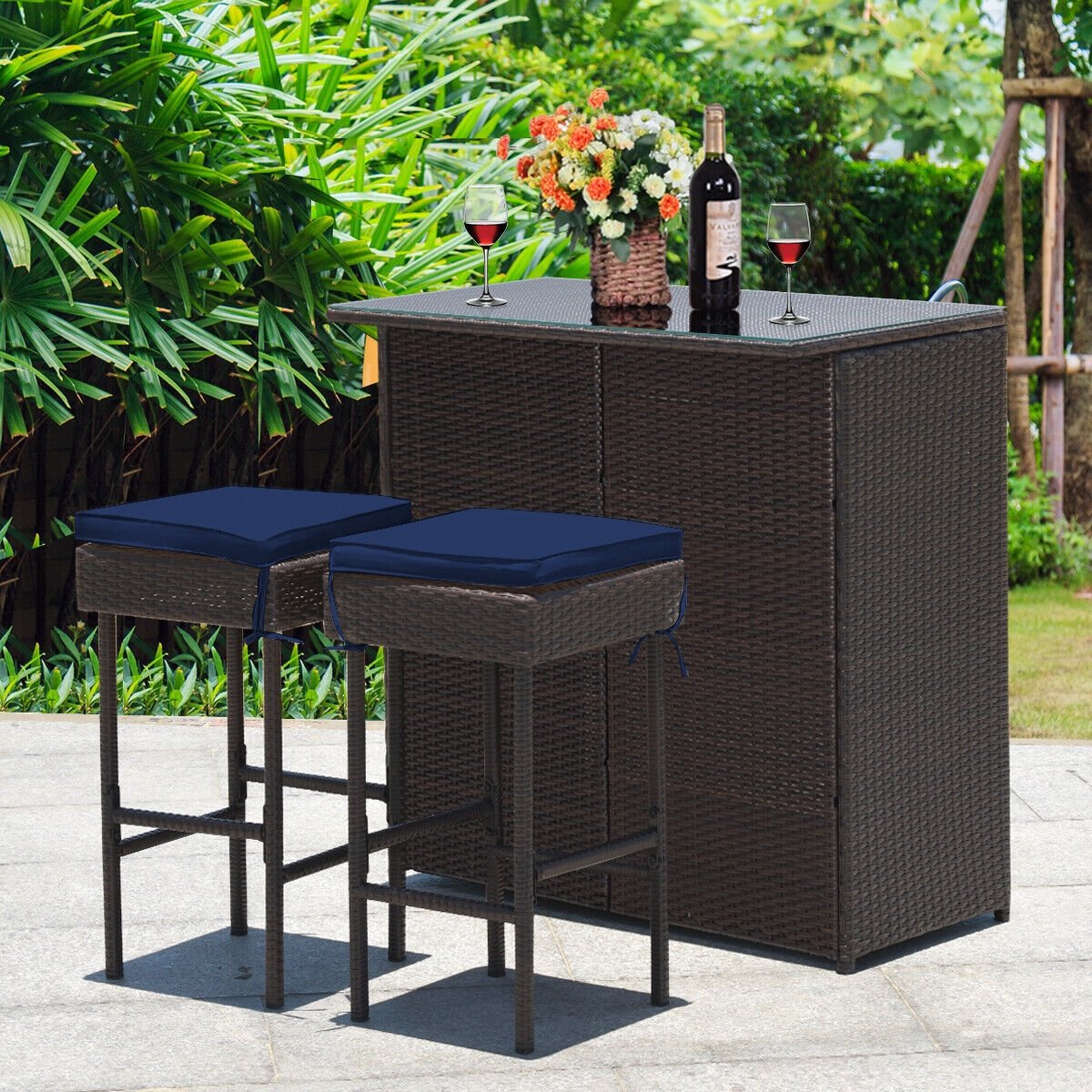 3 Pieces Patio Rattan Wicker Bar Table Stools Dining Set